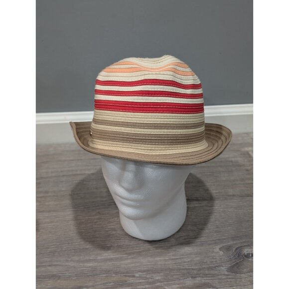 Calvin Klein Women's Striped Fedora Straw Hat Tan Red Orange Summer Lightweight - Picture 1 of 13